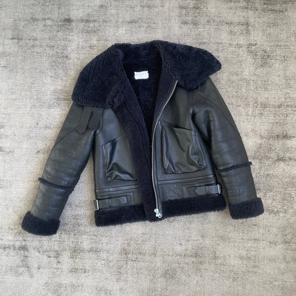 Sandro amber shearling black leather jacket coat
